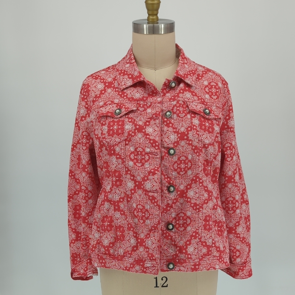 30046 Vintage Amx Plaisey Denim Jacket Red White size Large western bohemian